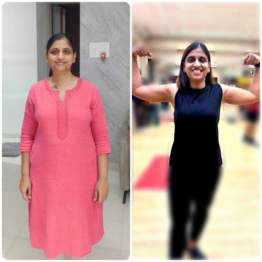 Madhuri before in a pink kurta, and after, flexing her arms at the gym