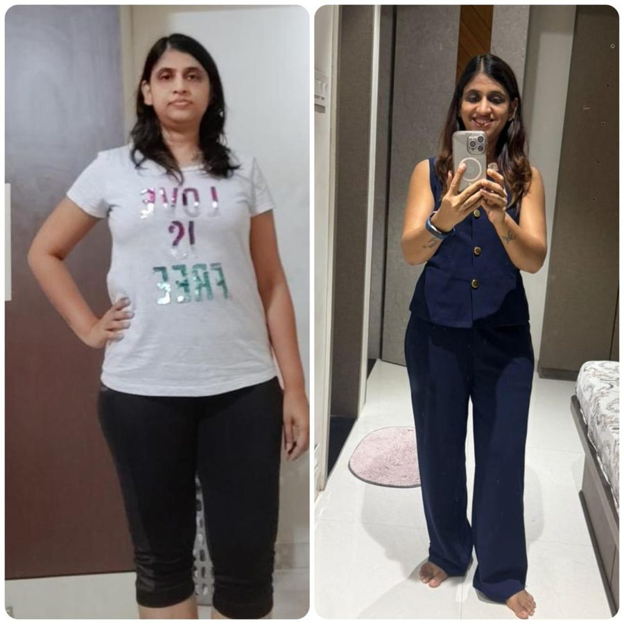 Madhuri before in a t-shirt, and after in a fitted navy outfit